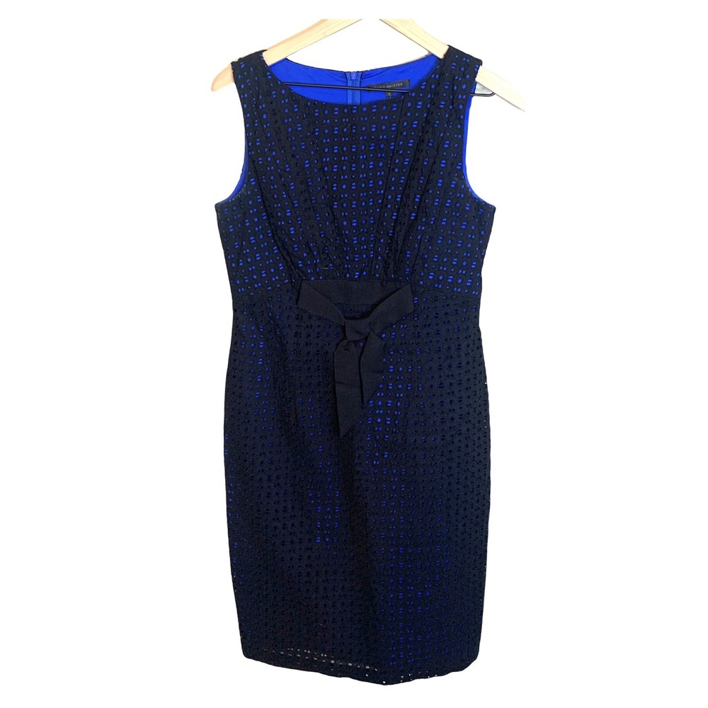 David Meister Womens 8‎ Sheath Dress Black Blue Eyelet Lace Bow Cocktail Knee